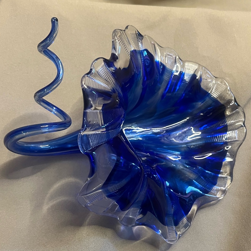 Vintage Hand Blown Glass Blue Flower Gorgeous